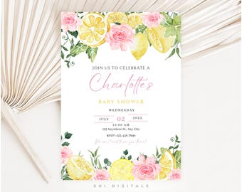 May include: Baby shower invitation with watercolor lemons and pink roses. The invitation reads "Join us to celebrate a Charlotte's Baby Shower" with date, time, and RSVP information. The design includes green foliage and the text "SHI DIGITALS".
