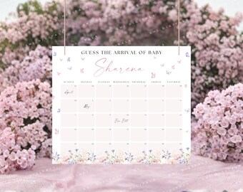 wildflower guess the arrival of baby shower due date sign printable wildflower baby shower sign baby shower decor guess the due date WF01