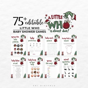 May include: A collection of 75+ editable baby shower game cards featuring a green hand holding a red ornament and the text A LITTLE WHO is almost due. The set includes games like baby predictions, word search, and emoji guessing with holiday themes.