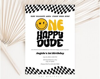 Zaproszenie urodzinowe „One Happy Dude” z uśmiechniętą buźką w stylu retro
