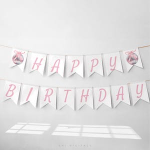 editable disco ball happy birthday banner printable 1st birthday banner disco pink birthday disco ball 1st birthday banner template DB01