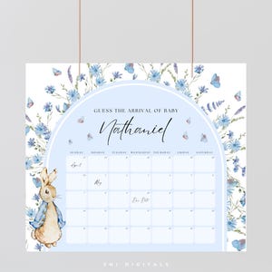 Pierre lapin bleu devinez le signe de l'arrivée du bébé calendrier signe de la date d'accouchement imprimable décoration de baby shower peter lapin devinez le signe de la date d'accouchement BPR01