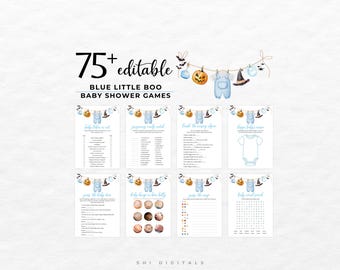 Op de afbeelding: Een verzameling van 75+ bewerkbare babyshower-spelkaarten met een blauw en oranje Halloween-thema. De kaarten tonen aquarelillustraties van pompoenen, heksenhoeden en babykleding aan een touwtje, met de tekst 75+ editable BLUE LITTLE BOO BABY SHOWER GAMES.