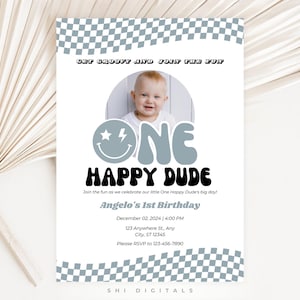 one happy dude blue invitation editable retro one happy dude blue birthday blue smiley invitation one happy dude blue mobile invitation