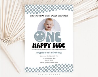 One Happy Dude Birthday Invitation Blue Smiley, Editable Digital Download