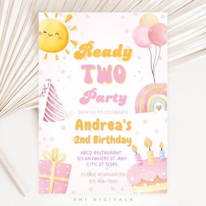 ready two party invitation template retro 2 year old girl birthday toddler birthday girl 2nd birthday invite spring party summer invitation