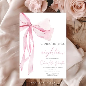 pink coquette 18th birthday invitation tween pink bow 18th birthday coquette 18th birthday invitation pink bow template trendy ribbon invite