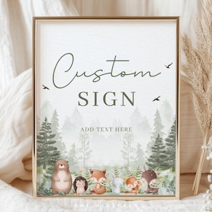Cartello personalizzato del bosco, cartello da tavolo modificabile, cartello con ritratto personalizzato della foresta, cartello da tavolo stampabile per baby shower, cartello personalizzato della foresta del bosco, cartello avventura