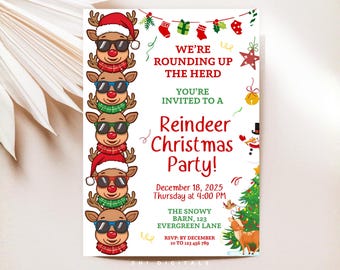 Reindeer Christmas Party Invitation Template We're Rounding Up the Herd Invite