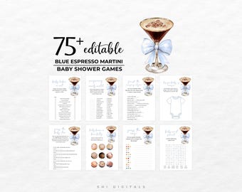 Könnte beinhalten: Eine Sammlung von Babyparty-Spielen mit dem Thema Blue Espresso Martini. Die Spiele umfassen Ausfüllaufgaben, Zuordnungsspiele und Wortsuchaktivitäten. Der Titel lautet "75+ editable Blue Espresso Martini Baby Shower Games."