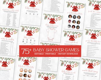 May include: A collection of printable baby shower game cards featuring a red dress, stockings, and greenery illustration at the top. The central red banner displays the text 75+ BABY SHOWER GAMES, EDITABLE, PRINTABLE, INSTANT DOWNLOAD.