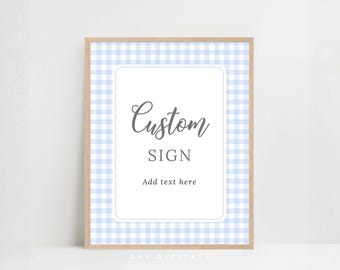 Editable Blue Gingham Custom Sign Template Blue Gingham Table Sign BG01