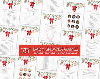 May include: A collection of printable baby shower game cards featuring a red baby onesie, stockings, and greenery illustrations. The cards include titles like Pregnancy Candy Match, Baby Scattergories, and Guess the Baby Item, with a red banner stating 75+ BABY SHOWER GAMES.