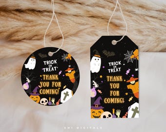 May include: Halloween gift tags with a black background. The tags feature a ghost, jack-o'-lantern, and the text "Trick or Treat" and "Thank You For Coming!". The tags are round and rectangular, with a string attached.
