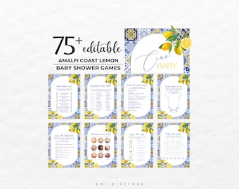 75+ Editable Amalfi Coast Lemon Baby Shower Game Bundle Italian Mediterranean Citrus Editable Games Blue Tiles Italy Theme AC01