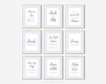 10 Editable Blue Gingham Baby Shower Signs Bundle BG01 Blue Gingham Table Signs Template