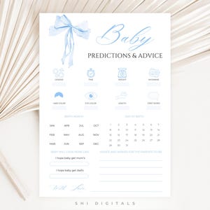 Modèle de carte de prédictions et conseils pour baby shower avec un noeud bleu