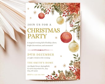 May include: A Christmas party invitation with watercolor illustrations. The invitation features the text "Join us for a Christmas Party" with festive decorations, including ornaments, pinecones, and poinsettias. The date and time are also included.