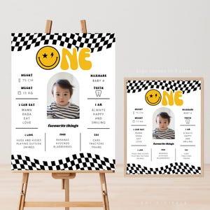 um cara feliz pôster de marco de primeiro aniversário editável sinal de primeira festa de aniversário para impressão modelo de placa de marco de pôster de aniversário de bebê