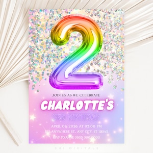 modelo de convite de aniversário de 2 anos com glitter convite para festa de aniversário com glitter arco-íris foil menina segundo aniversário 2 anos tie dye menina festa convite