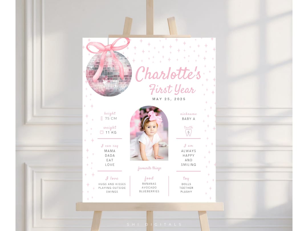Pinkstats Signage Pink Bow Disco 1st Birthday Milestone Board Editable My First Year ...