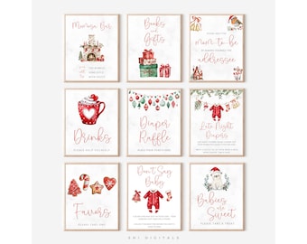 Pode incluir: Nove impressões emolduradas com ilustrações em aquarela e texto. Os temas incluem uma lareira de Natal, presentes, um chá de bebê, bebidas, uma rifa de fraldas, fraldas noturnas e lembrancinhas. O texto é vermelho.
