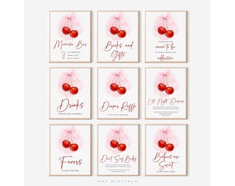 10 Cherry Baby Shower Sign Bundle Pink Bow Coquette Theme