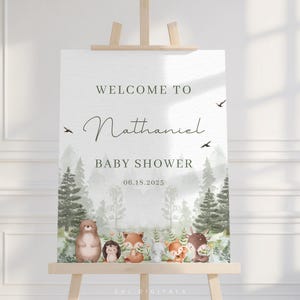 Cartel de bienvenida al bosque, cartel editable para baby shower, imprimible, "Que comience la aventura", plantilla de cartel de bienvenida para fiesta