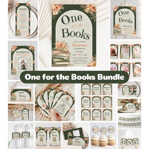 May include: A collection of party supplies with a "One for the Books" theme. The set includes invitations, signs, labels, and decorations with floral and book illustrations. The color scheme features green, cream, and peach tones, suitable for a first birthday celebration.