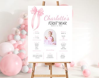 Pink Bow 1st Birthday Milestone Board Girl First Year Stats PB01