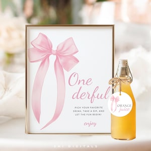 pink bow momosa bar sign mimosa sign juice labels momosa juice tags pink bow 1st birthday juice bar sign onederful bar sign printable