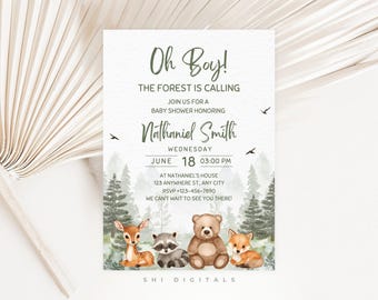 editable woodland animals baby shower invitation let the adventure begin baby shower invitation WL01 Boy Adventure Baby Shower Invite