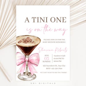 pink espresso martini baby shower invitation a tini one is on the way baby shower invitation editable pink bow brewing coffee invite EM01