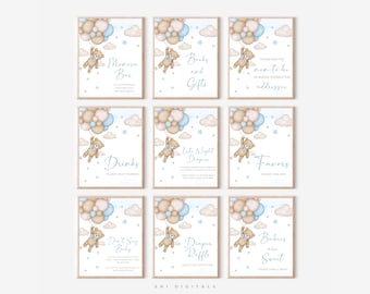10 Editable Blue Bear Balloon Baby Shower Sign Bundle Printable We Can Bearly Wait Baby Shower Sign Set Boy Bear Balloon Baby Shower BB03