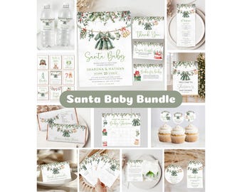 Green Santa Baby Shower Invitation Bundle Christmas Girl Baby Shower Editable Decor Holiday Baby Clothesline Merry Little Baby Shower SB04