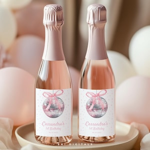 Etichetta per champagne con sfera da discoteca, etichetta per vino per baby shower, mini etichette per champagne con sfera da discoteca, etichetta per vino con sfera da discoteca modificabile
