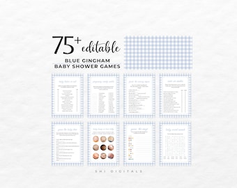 75+ Editable Blue Gingham Baby Shower Games Bundle BG01