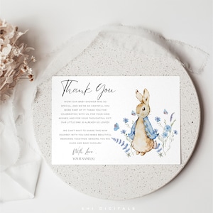 modelo de cartão de agradecimento editável peter rabbit cartão de agradecimento para impressão peter bunny card peter bunny thank you card chá de bebê de páscoa