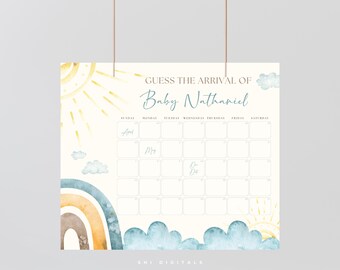 here comes the son guess the arrival of baby shower due date sign baby shower sign printable boho sun baby shower guess the due date RS01
