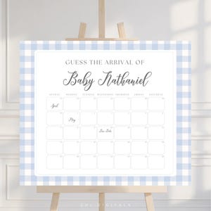 blue gingham guess the arrival of baby shower due date sign printable gingham baby shower guess the due date gingham guess the due date BG01