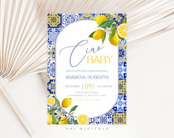 Amalfi Coast Lemon Baby Shower Invitation Italian Mediterranean Citrus Shower Invite Coastal Blue Tiles Italy Theme Ciao Baby InvitationAC01