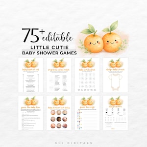 Könnte beinhalten: Eine Sammlung von über 75 bearbeitbaren Babyparty-Spielkarten mit Aquarell-Orangen-Illustrationen mit lächelnden Gesichtern. Der Text lautet 75+ editable LITTLE CUTIE BABY SHOWER GAMES und enthält verschiedene Aktivitätsblätter wie Wortsuchrätsel, Zuordnungsspiele und Babyvorhersagen.