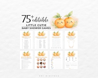 May include: A collection of 75+ editable baby shower game cards featuring watercolor orange illustrations with smiling faces. The text reads 75+ editable LITTLE CUTIE BABY SHOWER GAMES and includes various activity sheets like word searches, matching games, and baby predictions.