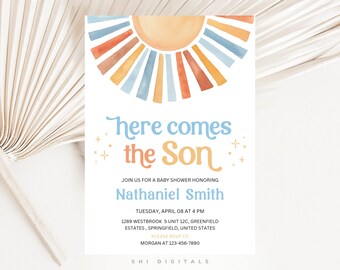 Here Comes the Son Invitation Retro Boho Sun Invite HS01