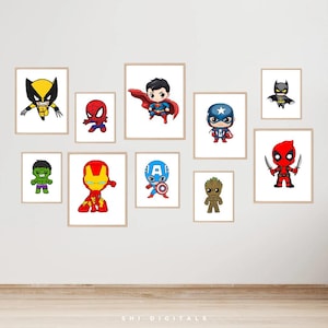 Arte de pared de superhéroes Póster de superhéroes para guardería Juego de 10 impresiones de arte de superhéroes para guardería Dormitorio de superhéroes Decoración de habitación de superhéroes Decoración de pared de superhéroes