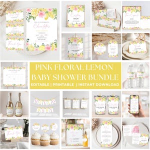 floral lemon baby shower party favors bundle printable pink floral lemon baby shower bundle editable lemonade baby shower games bundle FL01