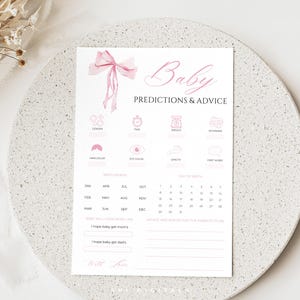 Modèle de carte de prédictions et conseils pour baby shower avec noeud rose Jeu de prédictions baby shower moderne avec noeud rose