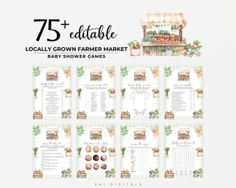 May include: A digital download featuring baby shower games with a farmer's market theme. The design includes illustrations of a market stall, vegetables, and game templates with text like "Baby Labor or Not" and "Guess the Baby Food".