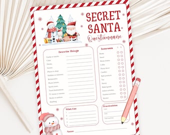 May include: A Secret Santa questionnaire with a festive design. The top features a watercolor illustration of a snowman, Santa, and a Christmas tree. The questionnaire includes sections for favorite things, interests, and a wish list.