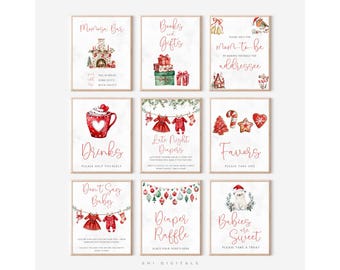 Pode incluir: Nove impressões em aquarela emolduradas com ilustrações e texto com tema natalino em vermelho e verde. As impressões incluem frases como "Drinks", "Favors" e "Diaper Raffle". O tema geral é um chá de bebê.